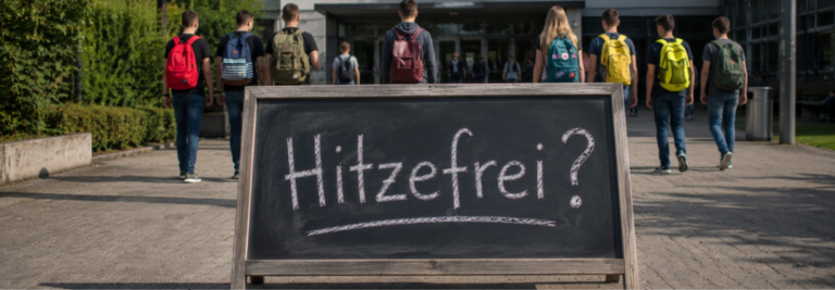 Ein aufgeklapptes Tafel-Schild mit der Aufschrift "Hitzefrei?" steht vor einer Schule. Im Hintergrund sieht man Schülerinnen und Schüler in die Schule laufen.