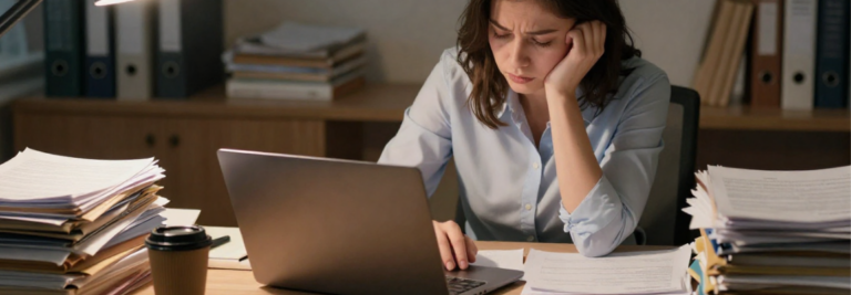 Lehrerin sitzt erschöpft am Schreibtisch, vor ihr ein Laptop, neben ihr ein Kaffeebecher und es türmen sich Papierstapel
